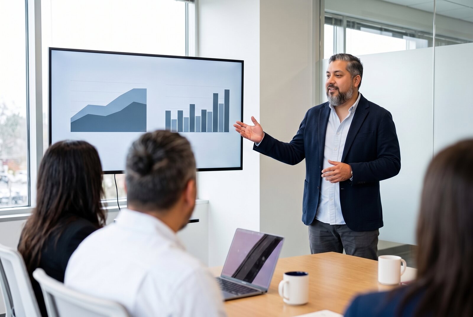 Alex walking a small team through charts in a conference room