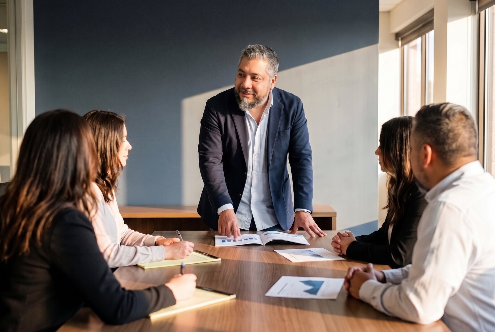 Alex at the head of a conference table going over a printed report with a small group